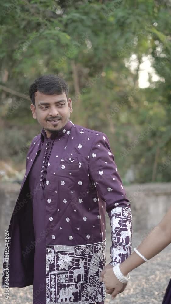 Traditional Indian Couple in Coordinated Purple Ethnic Outfits Outdoors Traditional Indian Couple in Coordinated Purple Ethnic Outfits Outdoors