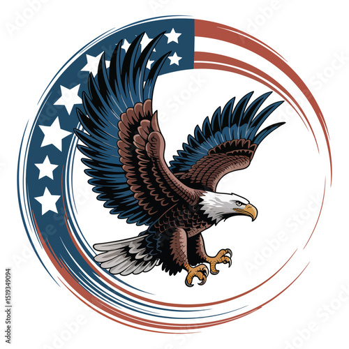 American bald eagle in flight with usa flag design
