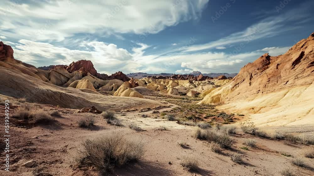 Expansive Desert Valley View Featuring Red Rock Formations and Sparse Vegetation Under a Partly Cloudy Sky Expansive Desert Valley View Featuring Red Rock Formations and Sparse Vegetation Under a Partly Cloudy Sky