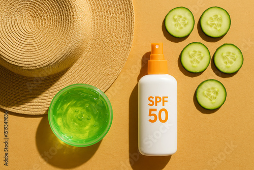 Summer skincare flat lay with SPF 50 sunscreen, aloe gel, cucumber slices, and straw hat – sun protection and skin care concept

