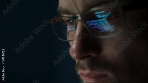 Close-up a focused data scientist wearing glasses, with lines of computer code reflecting on his lenses. Software engineer analysing data late in a dark room. 