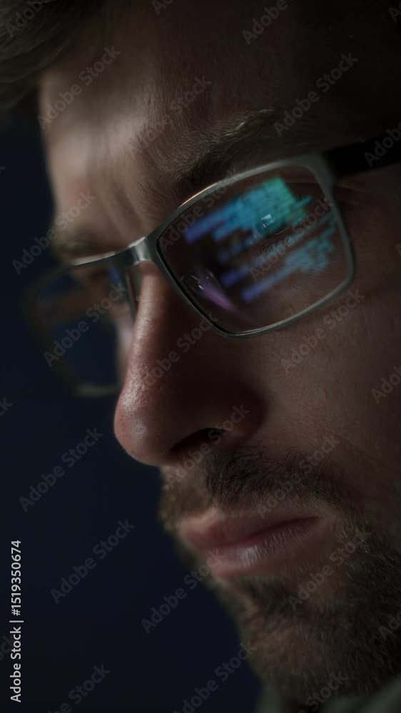 Close up of serious software engineer wearing glasses looks at his screen, with code reflecting on his eyeglasses. Coder is focused on programming, data analysis, or cybersecurity. Vertical video Close up of serious software engineer wearing glasses looks at his screen, with code reflecting on his eyeglasses. Coder is focused on programming, data analysis, or cybersecurity. Vertical video