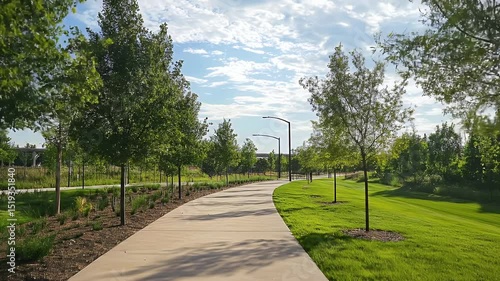 Wallpaper Mural Tranquil Green Park Pathway Lined With Trees Under A Bright Cloudy Sky and Manicured Grass Torontodigital.ca