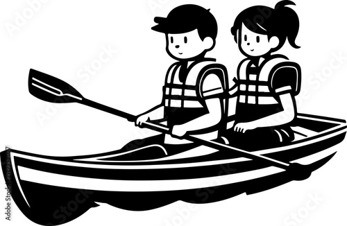 Sketchy sport emblem of tourists a guy and a girl are sailing in a boat with oars in monochrome. Engraving minimalistic vector in black ink drawing on transparent background