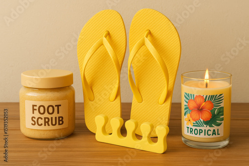 Tropical foot care flat lay with yellow flip flops, foot scrub, candle, and toe separator – spa pedicure and summer self care concept

