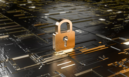 golden padlock on circuit board a gleaming golden padlock rests on a complex circuit board, symbolizing digital security and data protection.