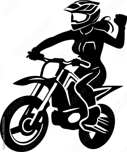 Sketchy sport emblem of moto lady raises her hand in victory at the finish line after the race in monochrome. Engraving minimalistic vector in black ink drawing on transparent background