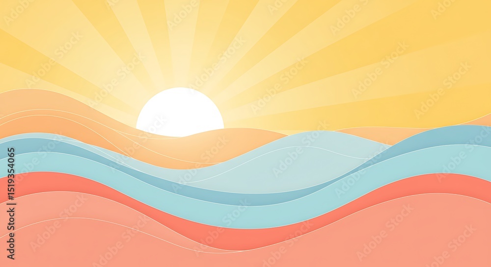 A vibrant summer beach landscape with orange sunset hues, sun, sea waves, and clouds, a perfect vector illustration for a nature-inspired design A vibrant summer beach landscape with orange sunset hues, sun, sea waves, and clouds, a perfect vector illustration for a nature-inspired design