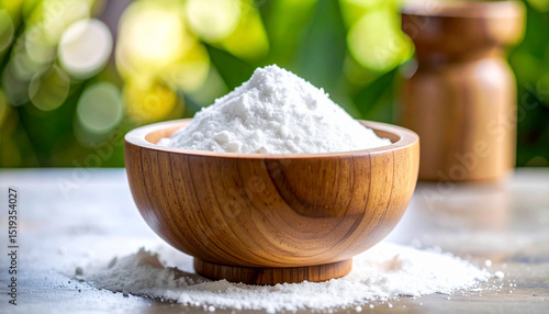 White zinc oxide powder in small wooden bowl. Healthcare and medical supplement product.