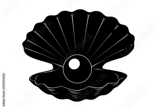 A black and white illustration of an open seashell with a pearl inside on a white background art
