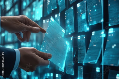 Exploring compliance and governance through advanced digital tools in a high-tech environment with glowing data panels