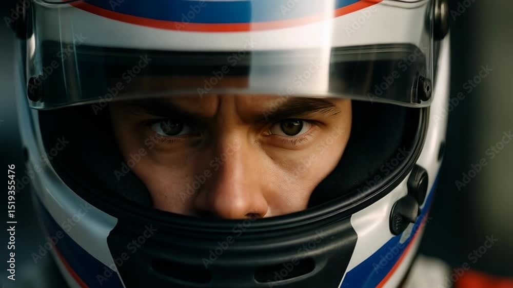 Intense moment as a racer gears up for competition. The driver, wearing a vibrant helmet, exhibits concentration and determination before hitting the track for the weekend race Intense moment as a racer gears up for competition. The driver, wearing a vibrant helmet, exhibits concentration and determination before hitting the track for the weekend race