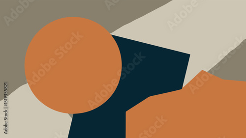 Abstract composition with orange circle, organic shape, and blue geometric form on a beige background