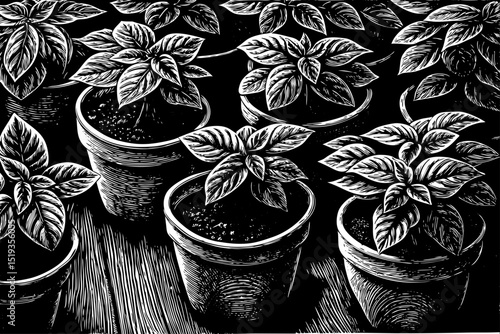 Detailed sketch vector of various houseplants in pots, black and white ink drawing, isolated on white, perfect for lifestyle design