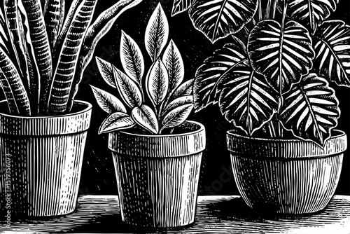 Detailed sketch vector of various houseplants in pots, black and white ink drawing, isolated on white, perfect for lifestyle design