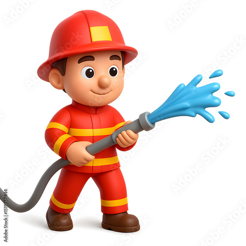 A Firefighter Child Hero Sprays Water from Hose on Black Transparent Background