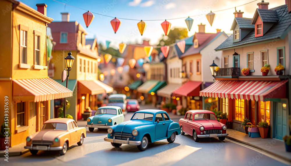 Naklejka premium Origami 1960s American Street Scene 折り紙で再現された1960年代のアメリカの街並み