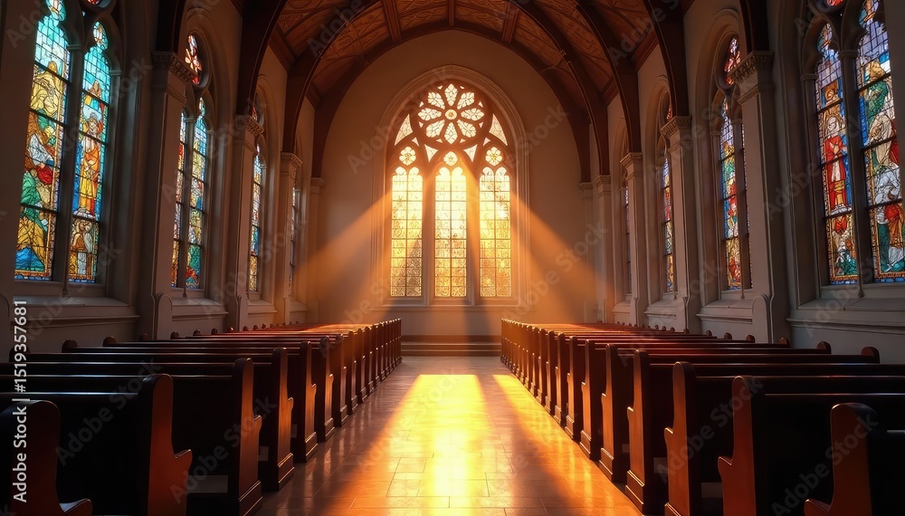 Fototapeta premium A peaceful church interior, sunlight streaming through stained-glass windows , aesthetic, shadow