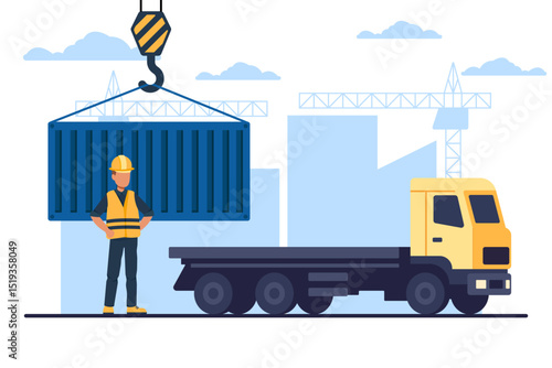Crane loading a cargo container on a truck. Vector logistics and shipment illustration.