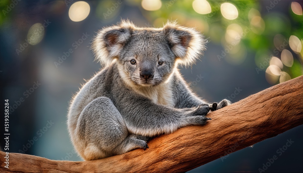 Obraz premium Koala Perched on Tree Branch, Captivating Moment of a Quiet Observation in Australian Rainforest, with Soft Fur Textures and Emerald Leaves Surrounding the Cute Mammal at Dusk.