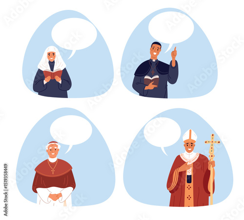 Priests and ministers of church with empty speech bubbles. Christianity sermon. Religious speakers. Christian worship. Bishop speaking. Communication with prayers. Vector clergymen set