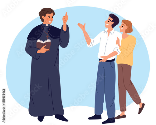 Priest introduces man and woman to Catholicism and Christianity. Couple talking with clergyman. Christian religion. Communication with believers family. Christ worship. Vector concept