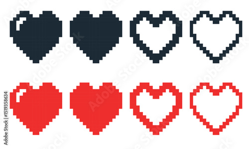 Pixel heart icon. Pixelated symbol of love and Valentines day. 8 bit arcade game. Red and black graphic shapes. Silhouette or contour sweethearts. Romantic passion. Vector flat signs set