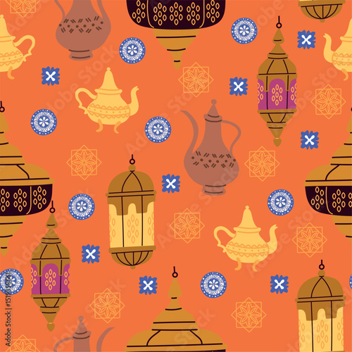 Oriental ornaments. Eastern pitchers and lamps seamless pattern. Asian motif. Arabesque embroidery. Repeated ethnic print. Persian kettle. Islamic fitr. Coffee pot. Vector background
