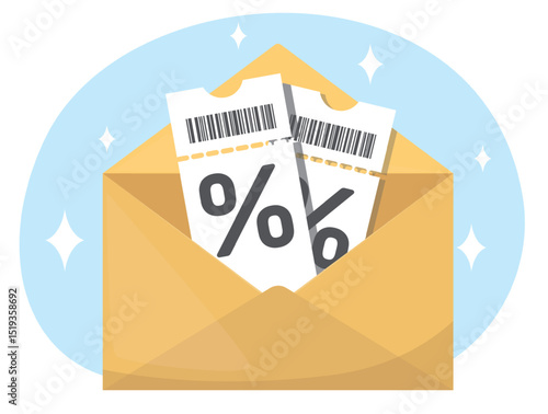 Opened yellow postal envelope with two discount coupons. Paper letter. Sale percent voucher. Shopping label with barcode. Special offer certificate. Send or receive mail. Vector concept