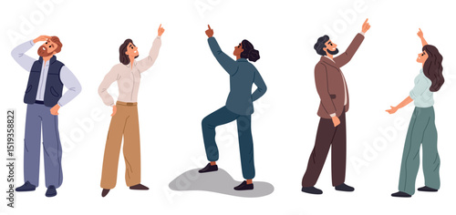 Men and women look up pointing their index finger to sky. People showing upwards. Guy pointing with forefinger. Target search pose. Girl raising arm. Standing young persons vector set