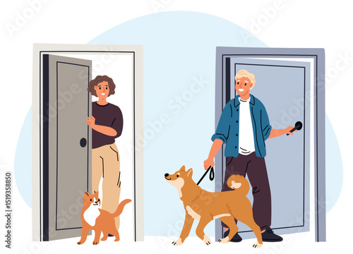 Man with dog meets neighbor woman with cat. People talking at apartments doorways. House entrances. Pet owners. Home doors. Neighborhood communication. Domestic animals. Vector concept