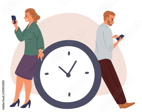 Man and woman with smartphone wasting their time. Doom or phone addiction. Addicted couple use phones. Procrastination problem. Dependence of mobile device. Unhealthy habit. Vector concept