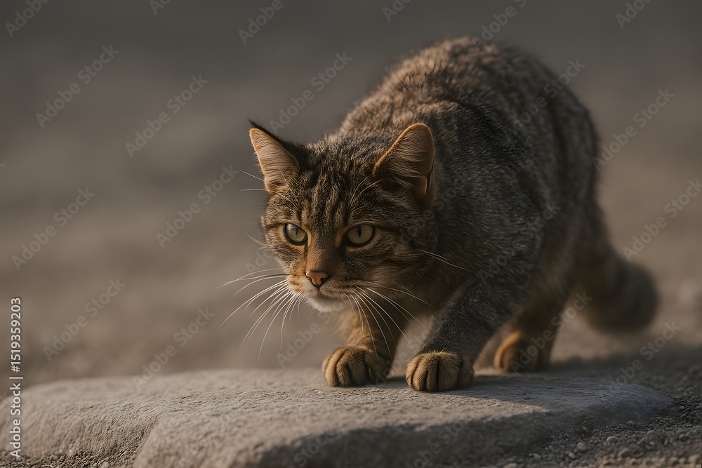 Obraz premium Gato atigrado agazapado acechando sobre piedra al atardecer