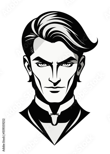 Man's face illustration, with medium length hair, sides tapered short, long in the front with a deep side part in the style of the 1920s.