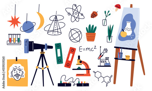 Cartoon school teachers. Different education lessons elements. College subject attributes. Physics and chemistry teaching. Art easel or literature. Astronomy telescope. Garish vector set