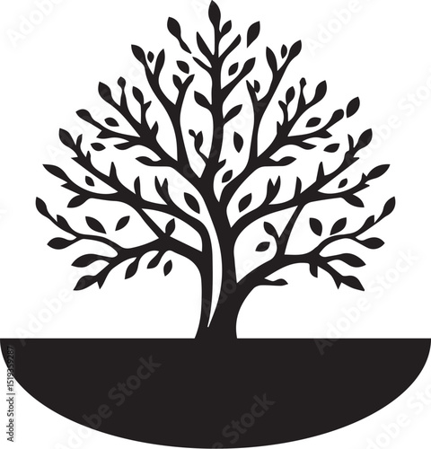 elegant tree silhouette with intricate branches and leaves enclosed in a semi-circular base on a white background