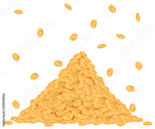 Big pile gold coins constantly falling from above. Golden rain. Casino jackpot. Lottery win. Fortune and luck. Financial savings. Billionaire wealth pile. Metal cash. Vector concept