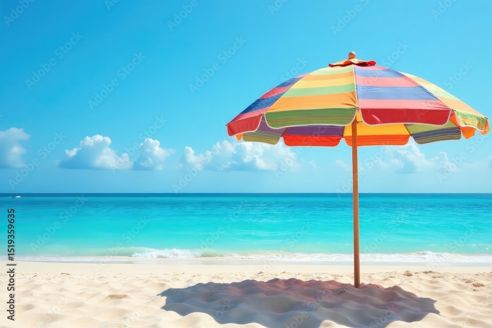 Colorful striped umbrella providing shade on a sandy beach , red, protection Colorful striped umbrella providing shade on a sandy beach , red, protection