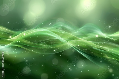 Ethereal green waves with shimmering particles create a tranquil and soothing atmosphere in a serene environment