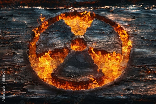 Fire illuminates a radioactive symbol against a dark background in an intense display of heat and light