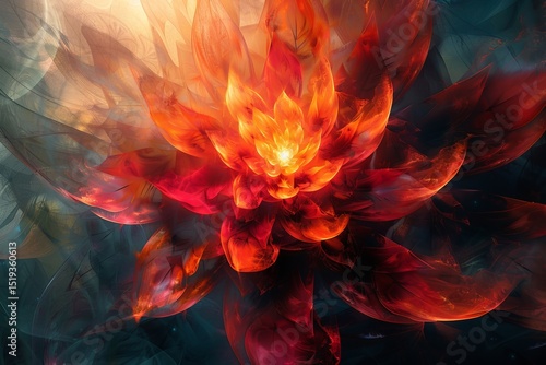Vibrant abstract flower with fiery tones highlighting intricate petal details and contrasting dark background