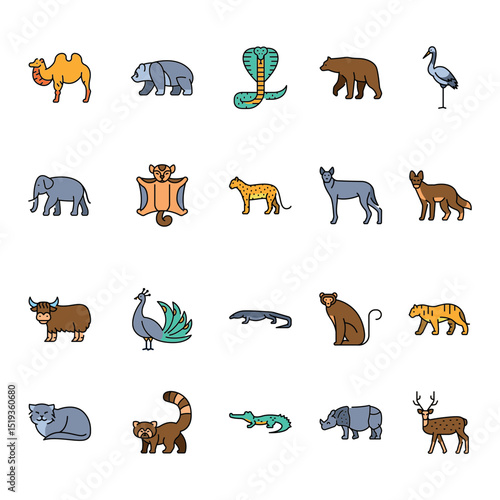 Asian animals color line icons set for digital and print projects.