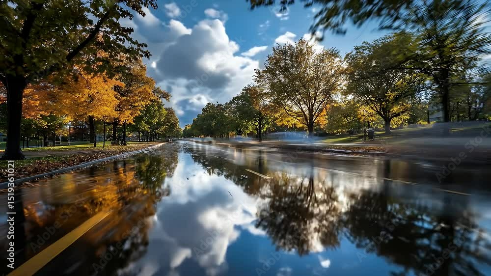 Wet City Street Reflecting Golden Autumn Trees with Blurred Car and Cloudy Sky in Vibrant Daylight Scene Wet City Street Reflecting Golden Autumn Trees with Blurred Car and Cloudy Sky in Vibrant Daylight Scene