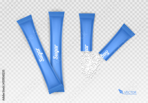Sugar Packets with Pouring Sugar on Transparent Background