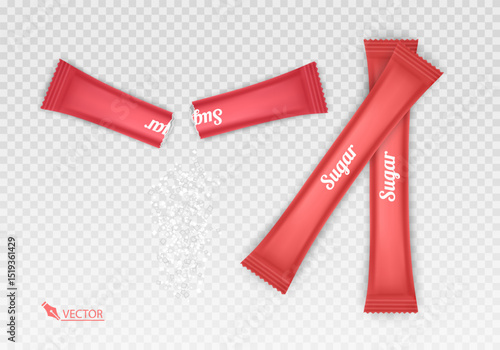 Sugar Packets with Pouring Sugar on Transparent Background