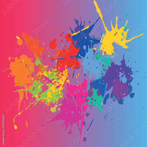 Colorful vibrant paint splatter explosion on red to blue gradient background with abstract ink drops for creative art and design projects