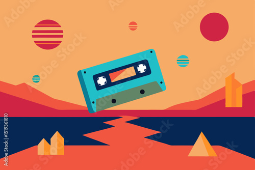 Retro Cassette Tape in a Futuristic Landscape A Retro-Futuristic Design