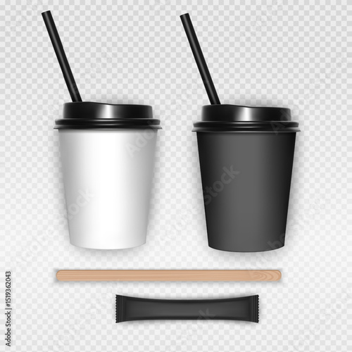 Coffee cups, lids, straws and sugar packets on a transparent background