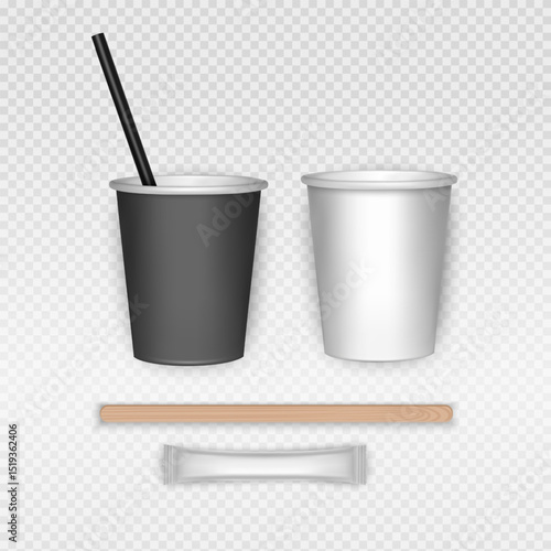 Coffee cups, lids, straws and sugar packets on a transparent background