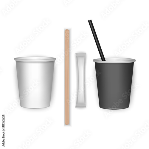Coffee cups, lids, straws and sugar packets on a transparent background